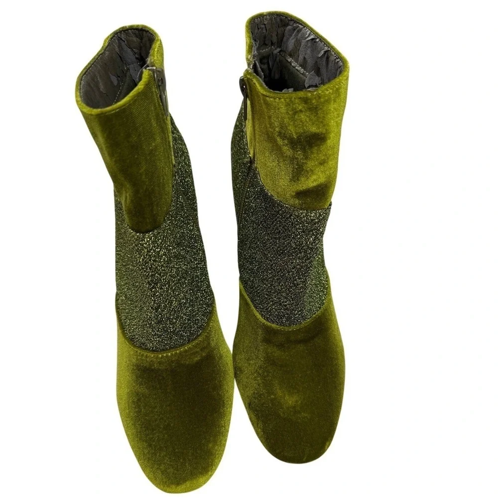 Yoki Womens Olive Green‎ Velvet and Glitter Block Heel Ankle Boots Side Zip